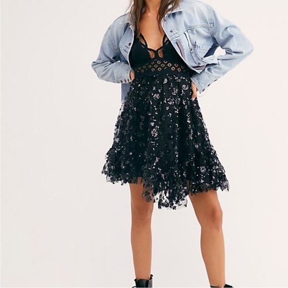 Free People Adella Sequin Slip Dress Black - Picture 3 of 6